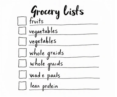 A grocery list with healthy food items, symbolizing a healthy shopping guide.