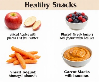 A colorful infographic of healthy snack ideas, such as fruits, nuts, and yogurt.